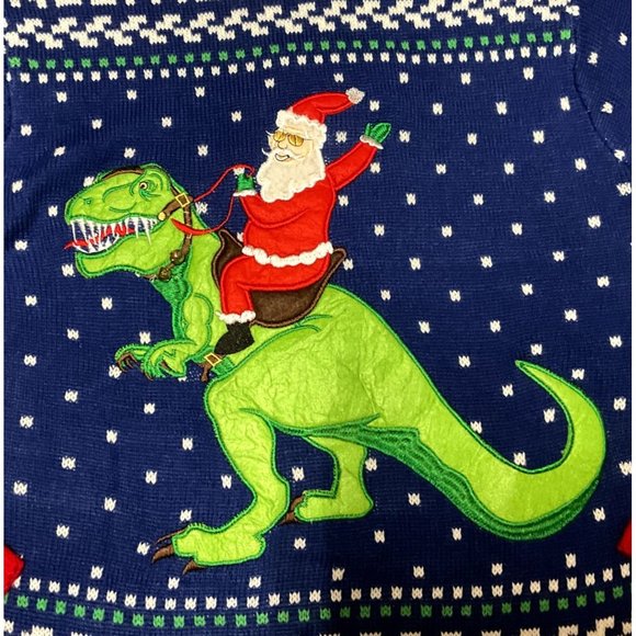 Blizzard Bay Ugly Christmas Sweater Sz Small Santa Riding T Rex Blue Red Unisex - Picture 2 of 5